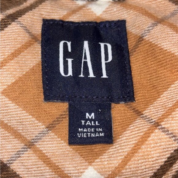 GAP Women’s Medium Tall Brown Tan Cream Button Down Plaid Dress Coastal Cowgirl - Picture 2 of 8